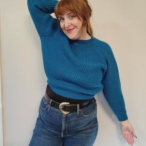 90s Teal Bright Yellow Chunky Knit Crop Sweater